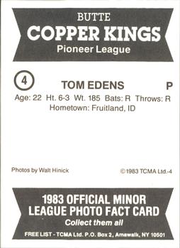 1983 TCMA Butte Copper Kings #4 Tom Edens Back