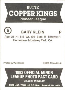 1983 TCMA Butte Copper Kings #6 Gary Klein Back