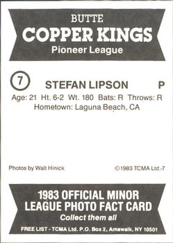 1983 TCMA Butte Copper Kings #7 Stefan Lipson Back