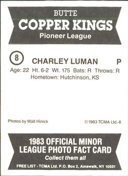 1983 TCMA Butte Copper Kings #8 Charley Luman Back