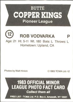 1983 TCMA Butte Copper Kings #12 Rob Vodvarka Back