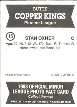 1983 TCMA Butte Copper Kings #15 Stan Oxner Back