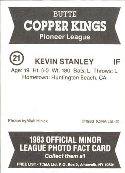 1983 TCMA Butte Copper Kings #21 Kevin Stanley Back