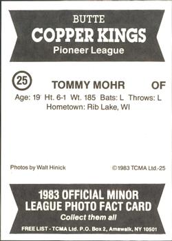 1983 TCMA Butte Copper Kings #25 Tommy Mohr Back