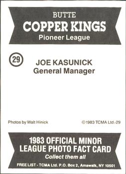 1983 TCMA Butte Copper Kings #29 Joe Kasunick Back