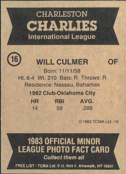 1983 TCMA Charleston Charlies #16 Wil Culmer Back