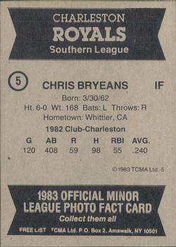 1983 TCMA Charleston Royals #5 Chris Bryeans Back