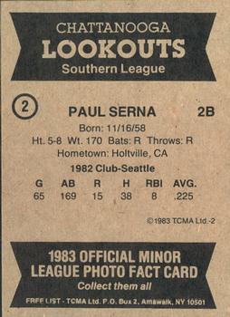 1983 TCMA Chattanooga Lookouts #2 Paul Serna Back
