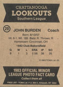 1983 TCMA Chattanooga Lookouts #20 John Burden Back