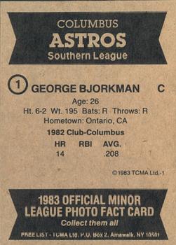 1983 TCMA Columbus Astros #1 George Bjorkman Back