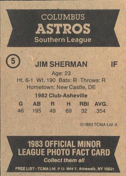 1983 TCMA Columbus Astros #5 Jim Sherman Back