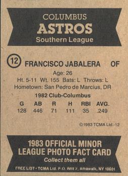 1983 TCMA Columbus Astros #12 Francisco Jabalera Back