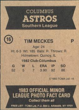 1983 TCMA Columbus Astros #16 Tim Meckes Back