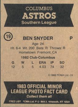 1983 TCMA Columbus Astros #19 Ben Snyder Back