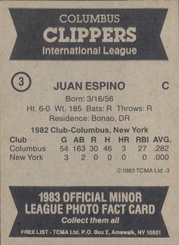 1983 TCMA Columbus Clippers #3 Juan Espino Back
