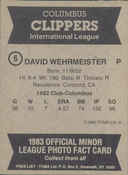1983 TCMA Columbus Clippers #6 Dave Wehrmeister Back