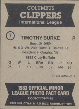 1983 TCMA Columbus Clippers #7 Tim Burke Back