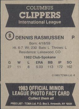 1983 TCMA Columbus Clippers #8 Dennis Rasmussen Back