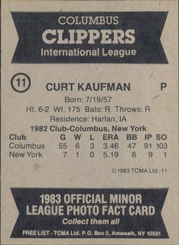 1983 TCMA Columbus Clippers #11 Curt Kaufman Back