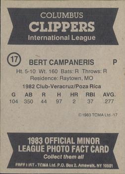 1983 TCMA Columbus Clippers #17 Bert Campaneris Back