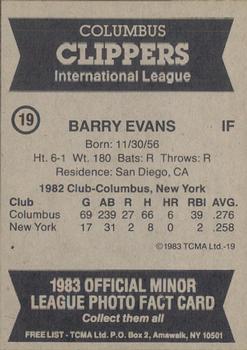 1983 TCMA Columbus Clippers #19 Barry Evans Back