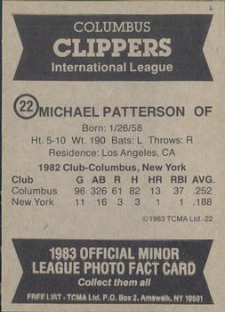 1983 TCMA Columbus Clippers #22 Michael Patterson Back