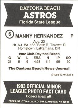 1983 TCMA Daytona Beach Astros #6 Manny Hernandez Back