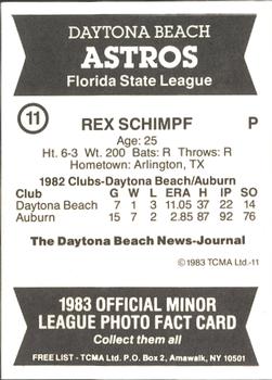 1983 TCMA Daytona Beach Astros #11 Rex Schimpf Back
