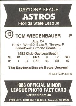 1983 TCMA Daytona Beach Astros #13 Tom Wiedenbauer Back