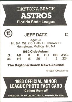 1983 TCMA Daytona Beach Astros #15 Jeff Datz Back