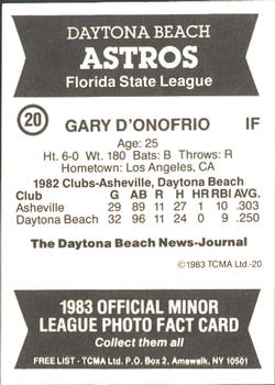 1983 TCMA Daytona Beach Astros #20 Gary D'Onofrio Back