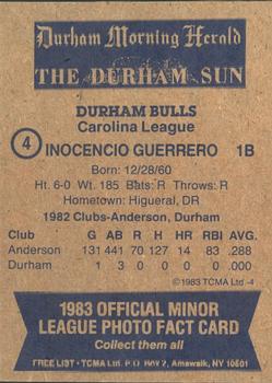 1983 TCMA Durham Bulls #4 Inocencio Guerrero Back