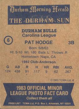 1983 TCMA Durham Bulls #6 Pat Hodge Back