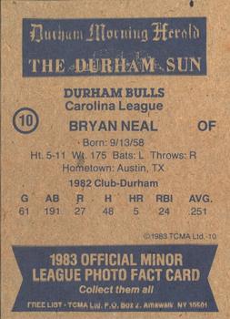 1983 TCMA Durham Bulls #10 Bryan Neal Back