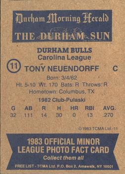 1983 TCMA Durham Bulls #11 Tony Neuendorff Back