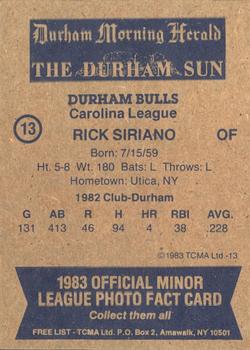 1983 TCMA Durham Bulls #13 Rick Siriano Back