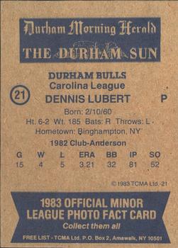 1983 TCMA Durham Bulls #21 Dennis Lubert Back