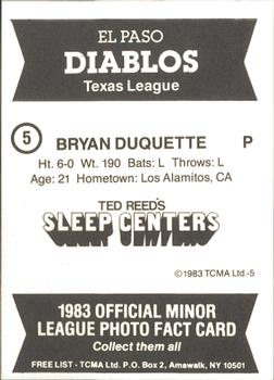 1983 TCMA El Paso Diablos #5 Bryan Duquette Back