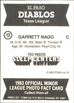 1983 TCMA El Paso Diablos #12 Garrett Nago Back