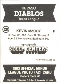 1983 TCMA El Paso Diablos #20 Kevin McCoy Back