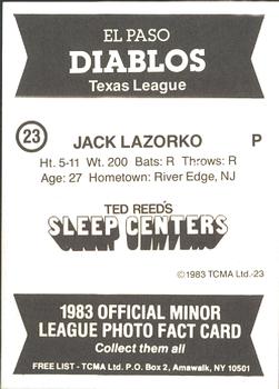 1983 TCMA El Paso Diablos #23 Jack Lazorko Back