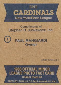 1983 TCMA Erie Cardinals #1 Paul Mangiardi Back