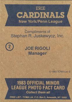 1983 TCMA Erie Cardinals #2 Joe Rigoli Back