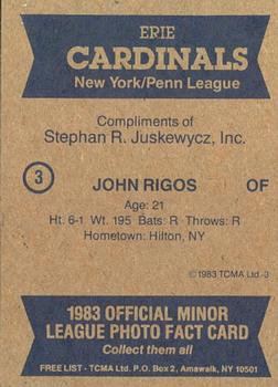 1983 TCMA Erie Cardinals #3 John Rigos Back