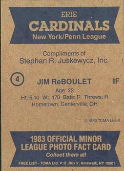 1983 TCMA Erie Cardinals #4 Jim ReBoulet Back