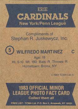 1983 TCMA Erie Cardinals #5 Wilfredo Martinez Back