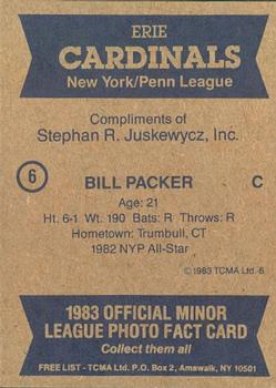 1983 TCMA Erie Cardinals #6 Bill Packer Back