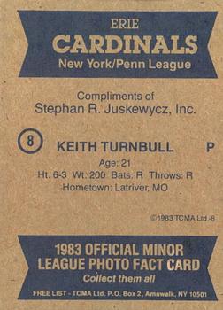 1983 TCMA Erie Cardinals #8 Keith Turnbull Back