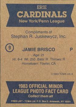 1983 TCMA Erie Cardinals #9 Jamie Brisco Back