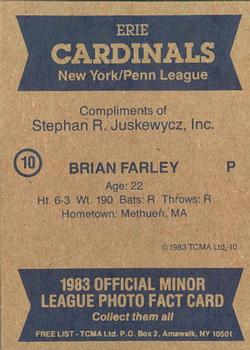 1983 TCMA Erie Cardinals #10 Brian Farley Back